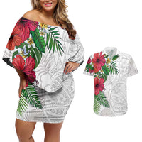 Hawaiian Tropical Plants Couples Matching Off Shoulder Short Dress and Hawaiian Shirt Kakau Tattoo and Polynesian Pattern Half White Color