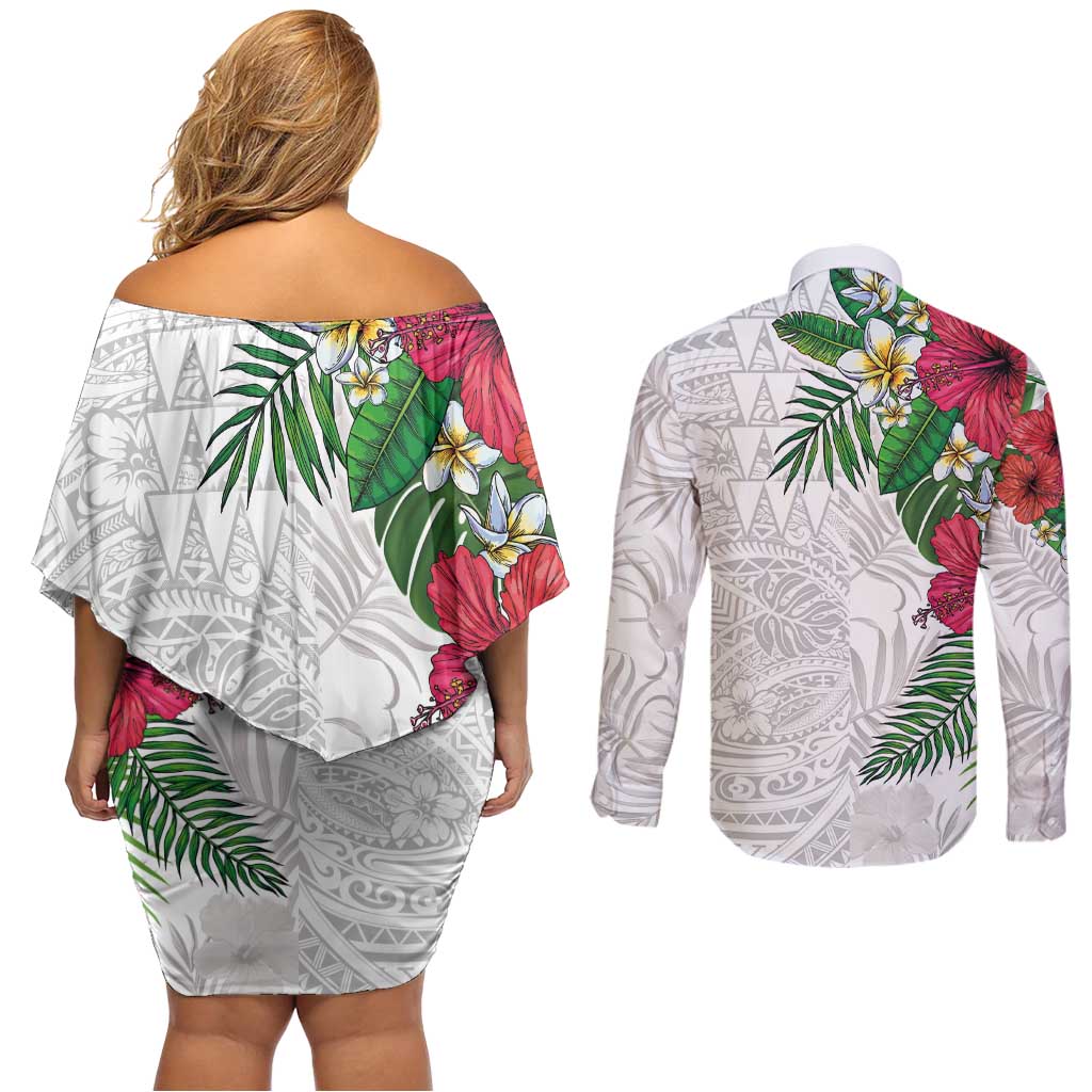 Hawaiian Tropical Plants Couples Matching Off Shoulder Short Dress and Long Sleeve Button Shirt Kakau Tattoo and Polynesian Pattern Half White Color