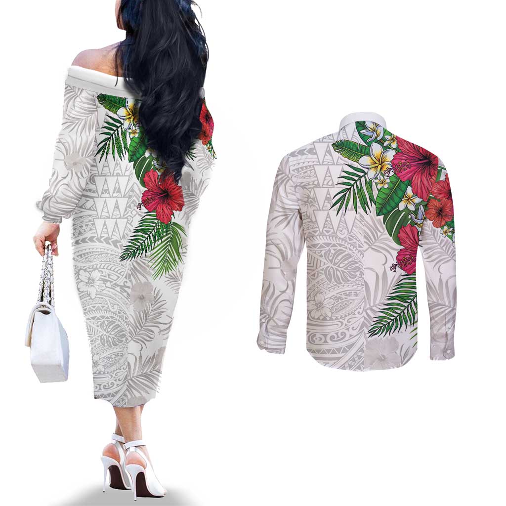 Hawaiian Tropical Plants Couples Matching Off The Shoulder Long Sleeve Dress and Long Sleeve Button Shirt Kakau Tattoo and Polynesian Pattern Half White Color