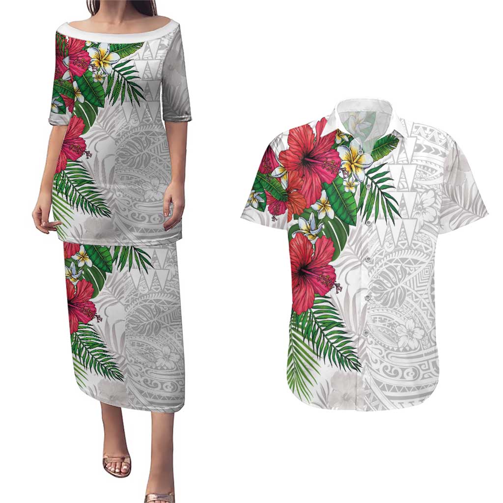 Hawaiian Tropical Plants Couples Matching Puletasi and Hawaiian Shirt Kakau Tattoo and Polynesian Pattern Half White Color