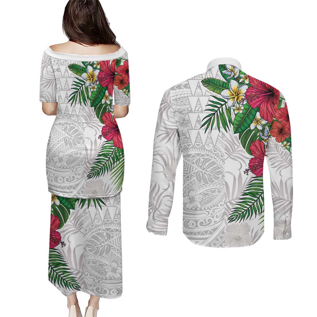 Hawaiian Tropical Plants Couples Matching Puletasi and Long Sleeve Button Shirt Kakau Tattoo and Polynesian Pattern Half White Color