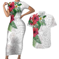 Hawaiian Tropical Plants Couples Matching Short Sleeve Bodycon Dress and Hawaiian Shirt Kakau Tattoo and Polynesian Pattern Half White Color LT03 White - Polynesian Pride