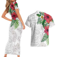 Hawaiian Tropical Plants Couples Matching Short Sleeve Bodycon Dress and Hawaiian Shirt Kakau Tattoo and Polynesian Pattern Half White Color LT03 - Polynesian Pride