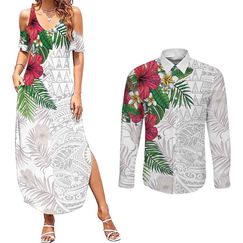 Hawaiian Tropical Plants Couples Matching Summer Maxi Dress and Long Sleeve Button Shirt Kakau Tattoo and Polynesian Pattern Half White Color