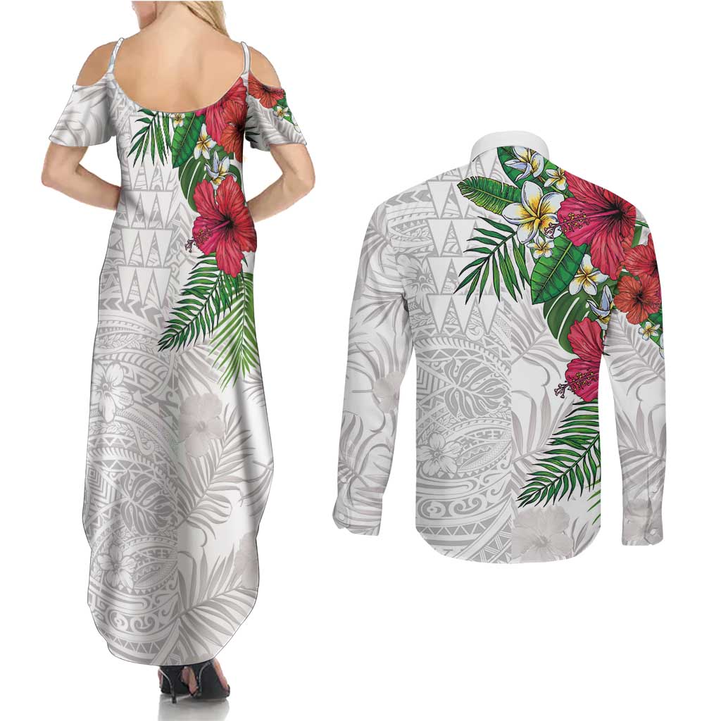 Hawaiian Tropical Plants Couples Matching Summer Maxi Dress and Long Sleeve Button Shirt Kakau Tattoo and Polynesian Pattern Half White Color