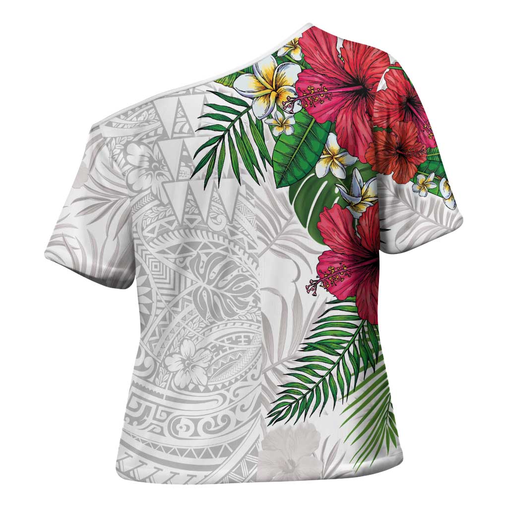 Hawaiian Tropical Plants Cross Shoulder Shirt Kakau Tattoo and Polynesian Pattern Half White Color
