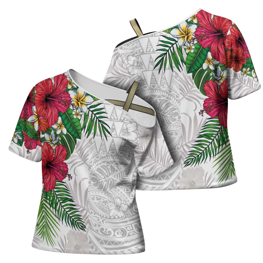 Hawaiian Tropical Plants Cross Shoulder Shirt Kakau Tattoo and Polynesian Pattern Half White Color