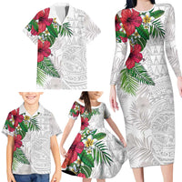 Hawaiian Tropical Plants Family Matching Long Sleeve Bodycon Dress and Hawaiian Shirt Kakau Tattoo and Polynesian Pattern Half White Color LT03 - Polynesian Pride