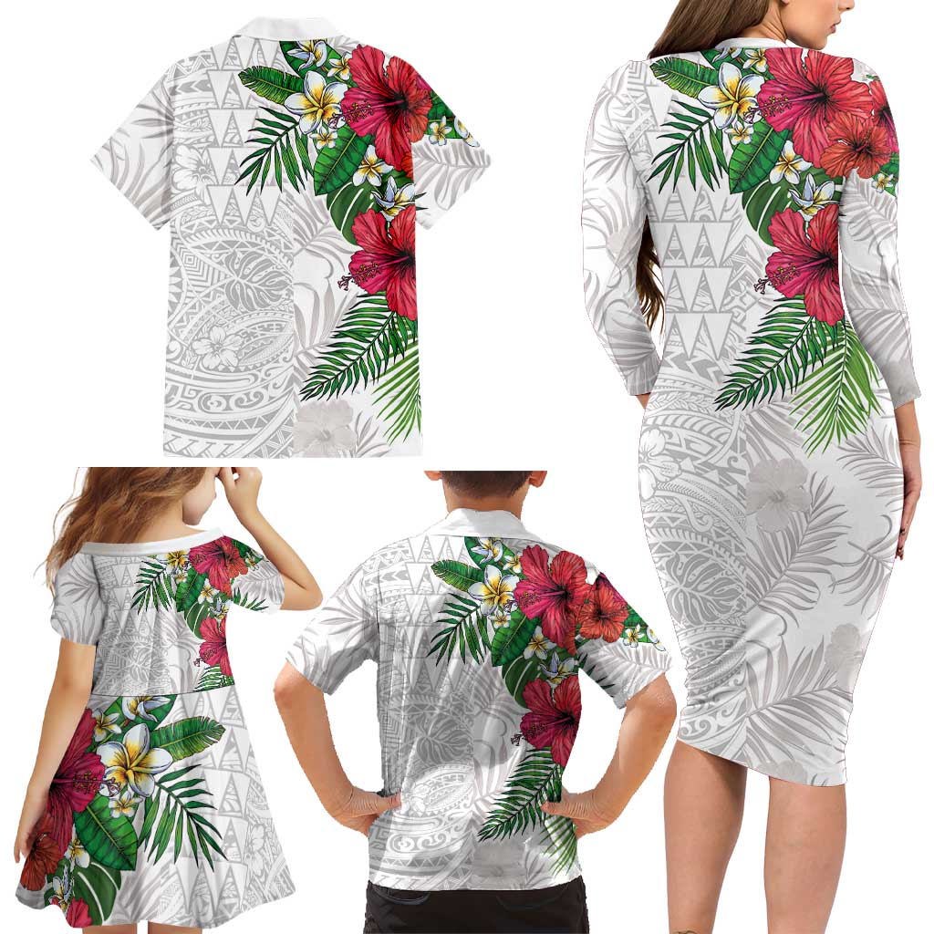 Hawaiian Tropical Plants Family Matching Long Sleeve Bodycon Dress and Hawaiian Shirt Kakau Tattoo and Polynesian Pattern Half White Color LT03 - Polynesian Pride