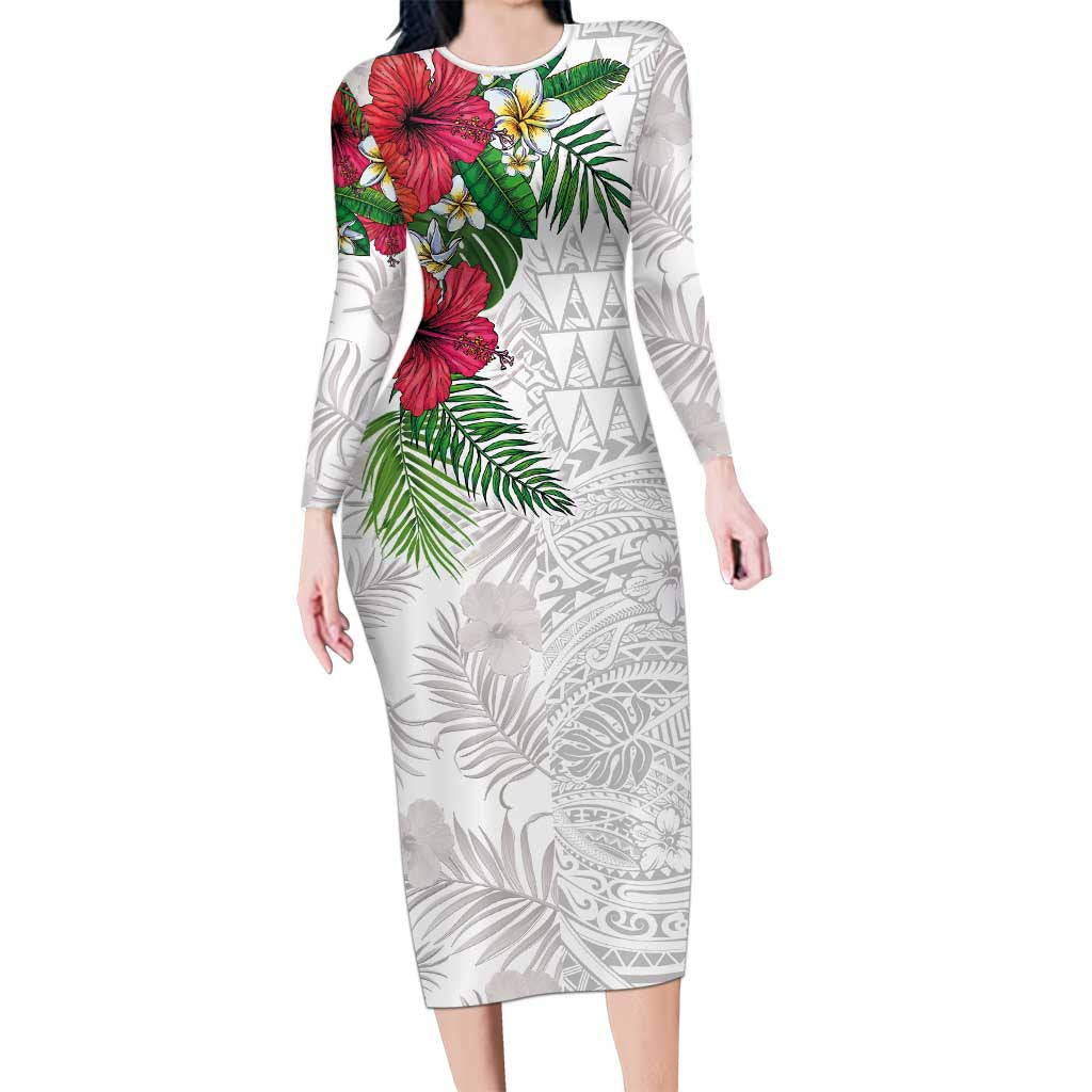 Hawaiian Tropical Plants Family Matching Long Sleeve Bodycon Dress and Hawaiian Shirt Kakau Tattoo and Polynesian Pattern Half White Color LT03 Mom's Dress White - Polynesian Pride