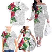 Hawaiian Tropical Plants Family Matching Off The Shoulder Long Sleeve Dress and Hawaiian Shirt Kakau Tattoo and Polynesian Pattern Half White Color LT03 - Polynesian Pride