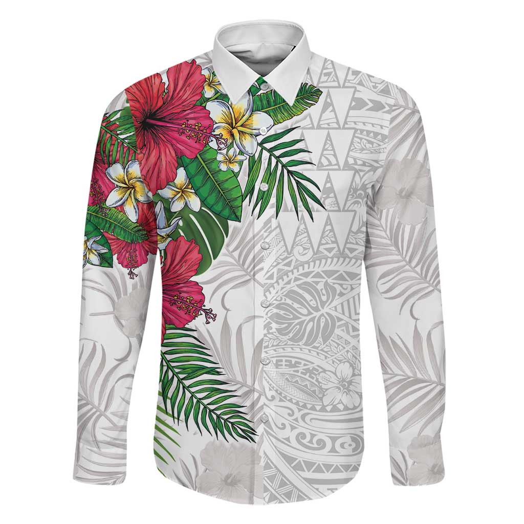 Hawaiian Tropical Plants Family Matching Off The Shoulder Long Sleeve Dress and Hawaiian Shirt Kakau Tattoo and Polynesian Pattern Half White Color LT03 Dad's Shirt - Long Sleeve White - Polynesian Pride