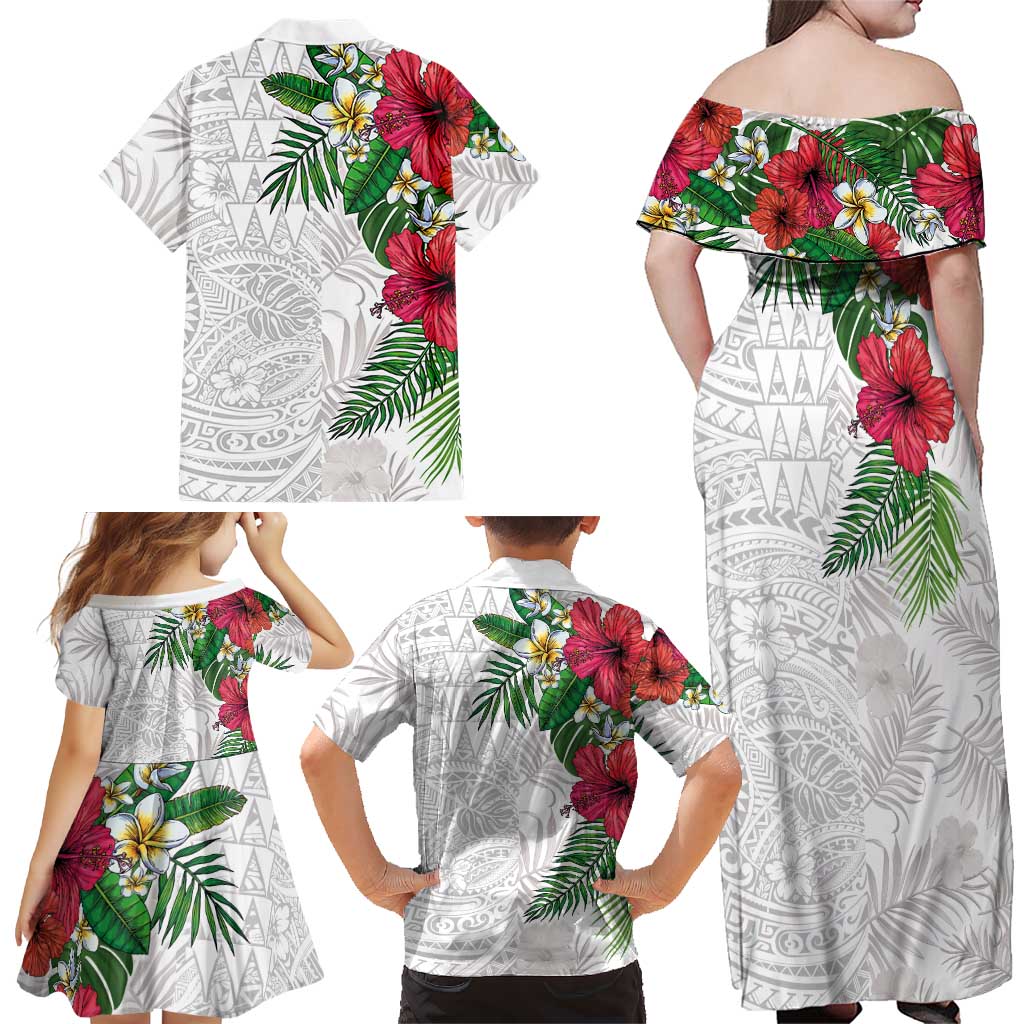 Hawaiian Tropical Plants Family Matching Off Shoulder Maxi Dress and Hawaiian Shirt Kakau Tattoo and Polynesian Pattern Half White Color LT03 - Polynesian Pride