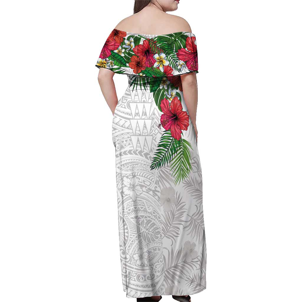 Hawaiian Tropical Plants Family Matching Off Shoulder Maxi Dress and Hawaiian Shirt Kakau Tattoo and Polynesian Pattern Half White Color LT03 - Polynesian Pride