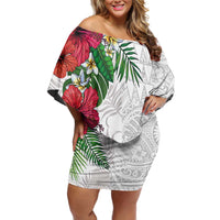 Hawaiian Tropical Plants Family Matching Off Shoulder Short Dress and Hawaiian Shirt Kakau Tattoo and Polynesian Pattern Half White Color LT03 Mom's Dress White - Polynesian Pride