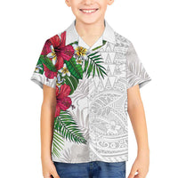 Hawaiian Tropical Plants Family Matching Off Shoulder Short Dress and Hawaiian Shirt Kakau Tattoo and Polynesian Pattern Half White Color LT03 Son's Shirt White - Polynesian Pride