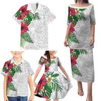 Hawaiian Tropical Plants Family Matching Puletasi and Hawaiian Shirt Kakau Tattoo and Polynesian Pattern Half White Color