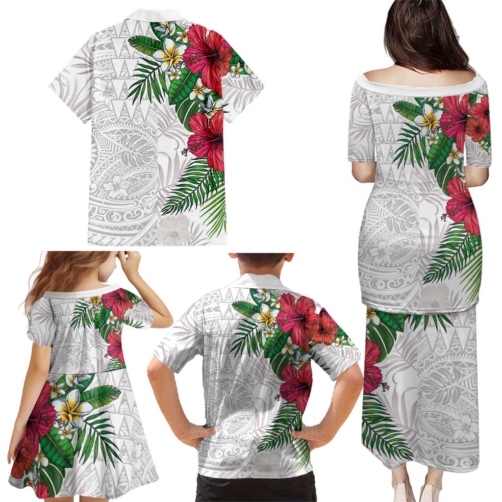 Hawaiian Tropical Plants Family Matching Puletasi and Hawaiian Shirt Kakau Tattoo and Polynesian Pattern Half White Color