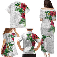 Hawaiian Tropical Plants Family Matching Puletasi and Hawaiian Shirt Kakau Tattoo and Polynesian Pattern Half White Color
