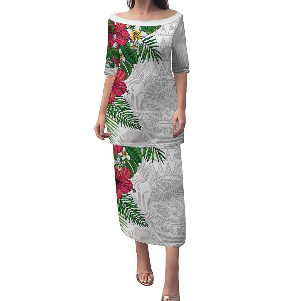 Hawaiian Tropical Plants Family Matching Puletasi and Hawaiian Shirt Kakau Tattoo and Polynesian Pattern Half White Color