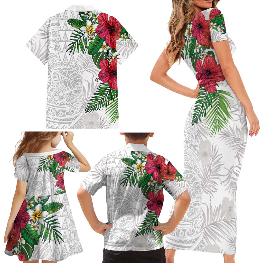 Hawaiian Tropical Plants Family Matching Short Sleeve Bodycon Dress and Hawaiian Shirt Kakau Tattoo and Polynesian Pattern Half White Color LT03 - Polynesian Pride