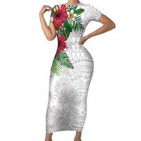 Hawaiian Tropical Plants Family Matching Short Sleeve Bodycon Dress and Hawaiian Shirt Kakau Tattoo and Polynesian Pattern Half White Color LT03 Mom's Dress White - Polynesian Pride