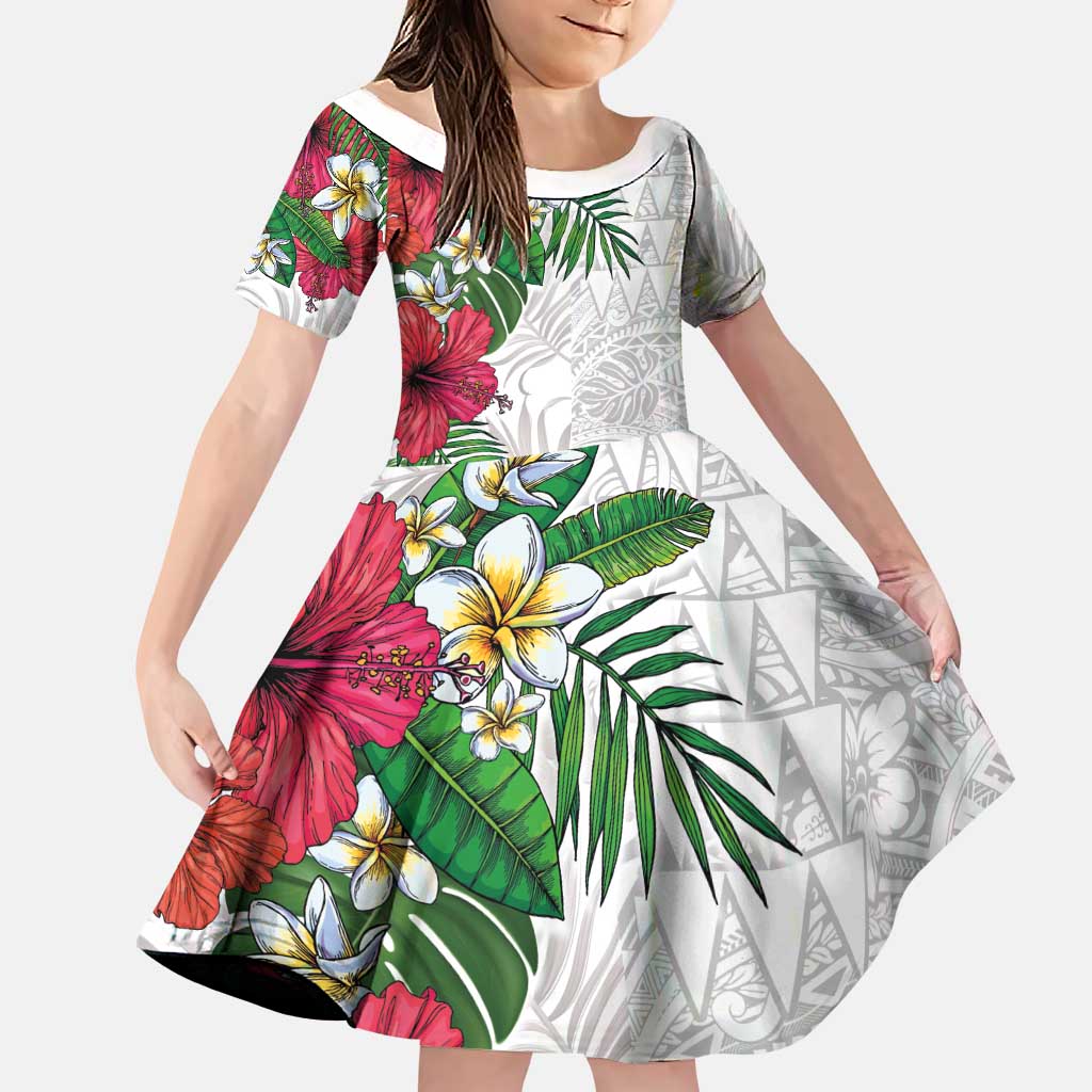 Hawaiian Tropical Plants Family Matching Summer Maxi Dress and Hawaiian Shirt Kakau Tattoo and Polynesian Pattern Half White Color LT03 Daughter's Dress White - Polynesian Pride