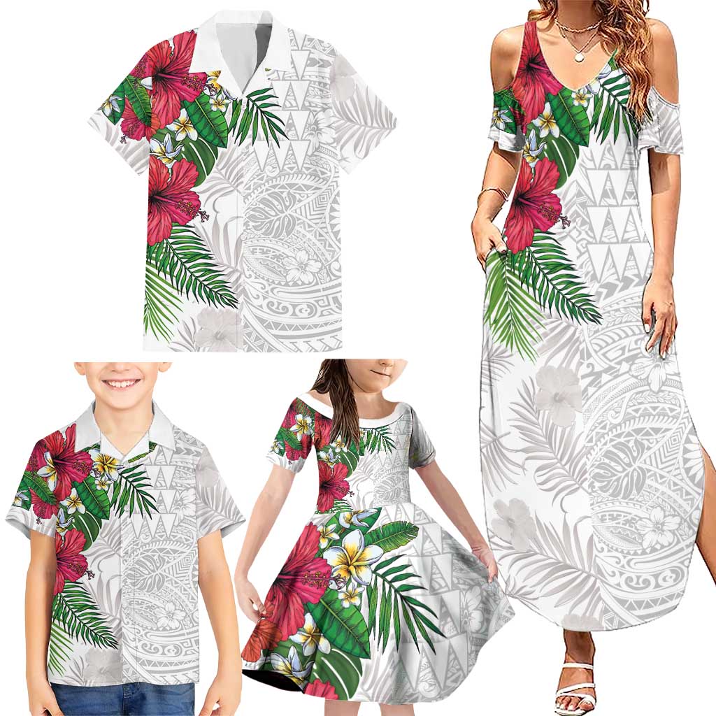 Hawaiian Tropical Plants Family Matching Summer Maxi Dress and Hawaiian Shirt Kakau Tattoo and Polynesian Pattern Half White Color LT03 - Polynesian Pride