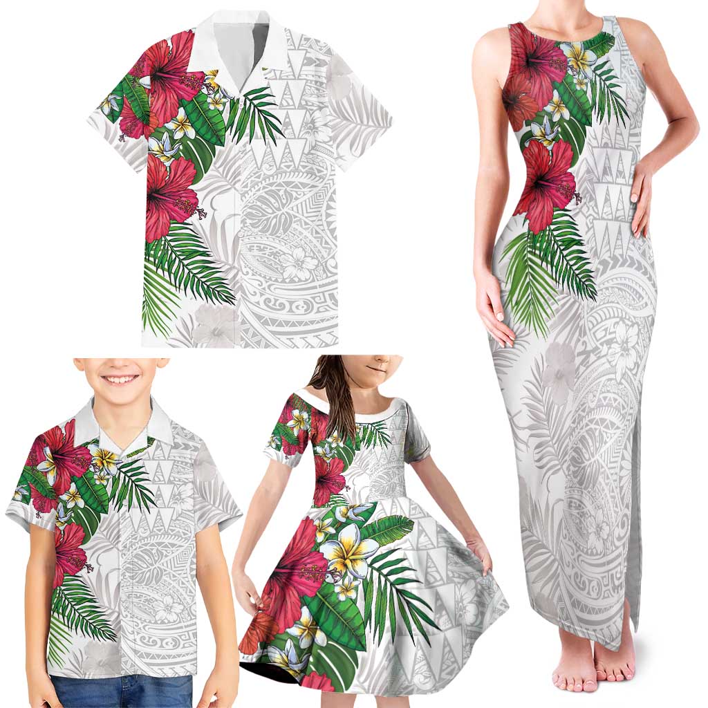 Hawaiian Tropical Plants Family Matching Tank Maxi Dress and Hawaiian Shirt Kakau Tattoo and Polynesian Pattern Half White Color LT03 - Polynesian Pride