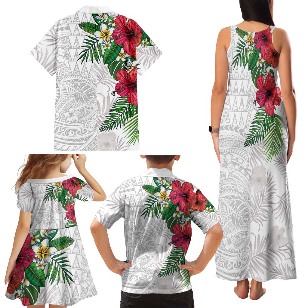 Hawaiian Tropical Plants Family Matching Tank Maxi Dress and Hawaiian Shirt Kakau Tattoo and Polynesian Pattern Half White Color LT03 - Polynesian Pride