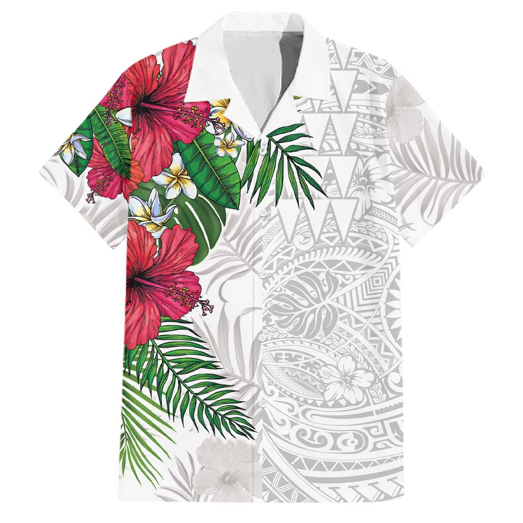 Hawaiian Tropical Plants Family Matching Tank Maxi Dress and Hawaiian Shirt Kakau Tattoo and Polynesian Pattern Half White Color LT03 Dad's Shirt - Short Sleeve White - Polynesian Pride