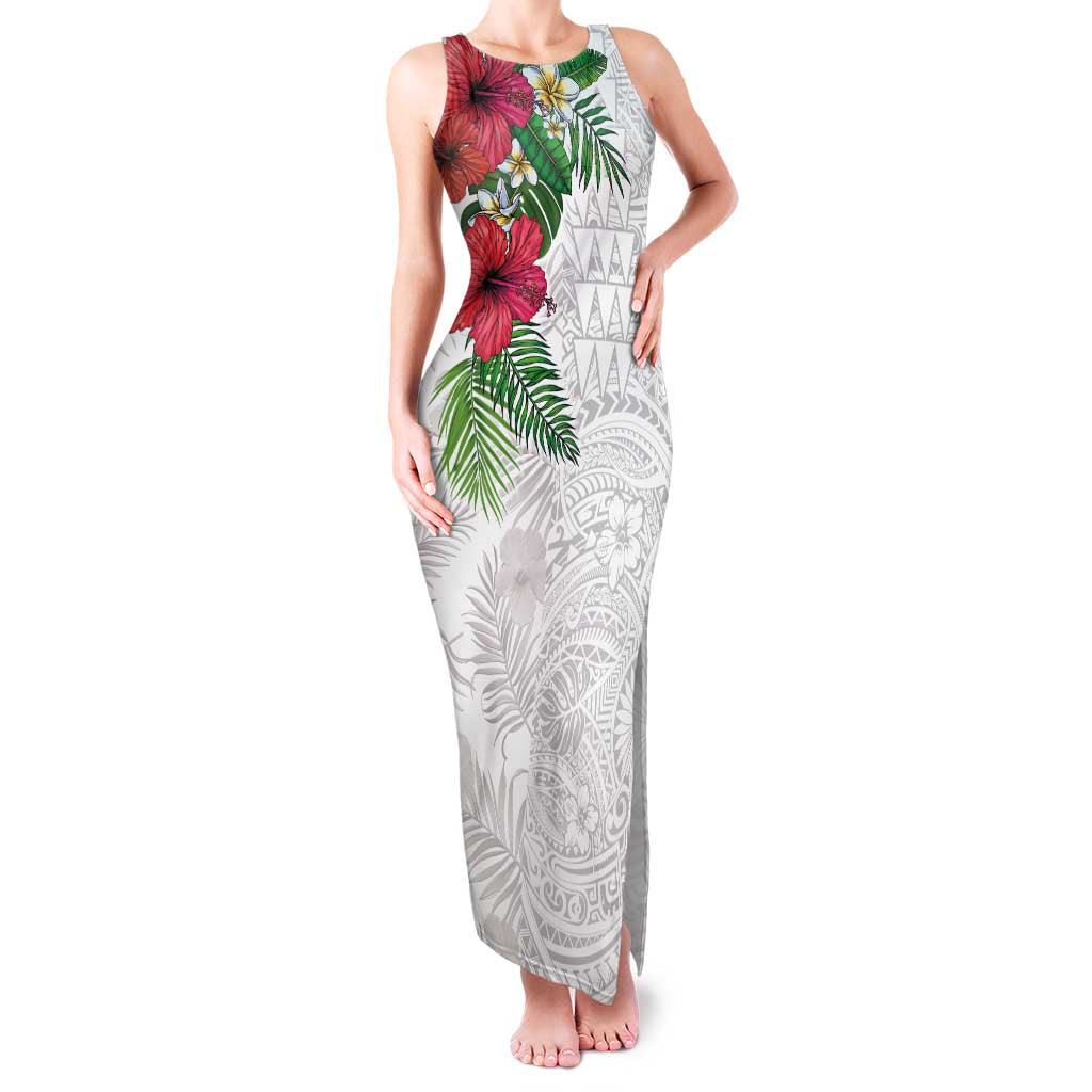 Hawaiian Tropical Plants Family Matching Tank Maxi Dress and Hawaiian Shirt Kakau Tattoo and Polynesian Pattern Half White Color LT03 Mom's Dress White - Polynesian Pride
