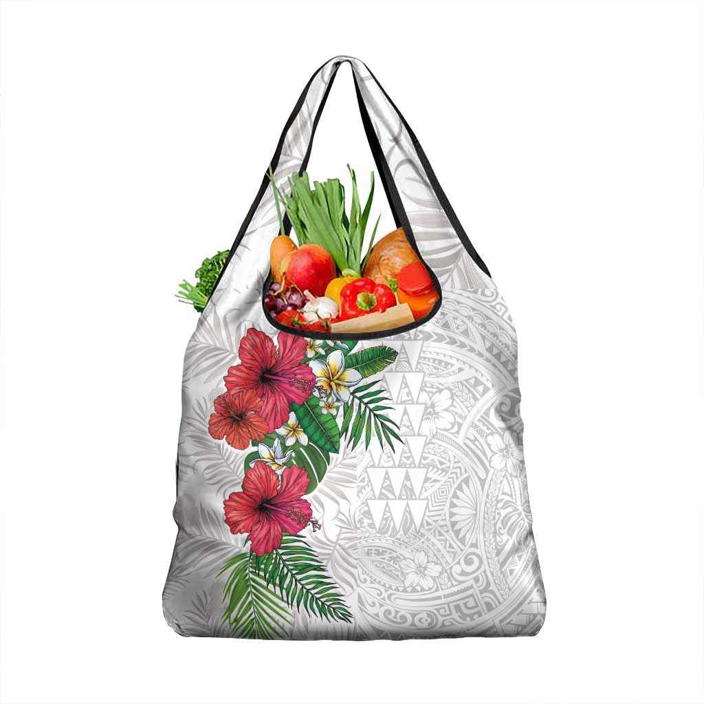 Hawaiian Tropical Plants Grocery Bag Kakau Tattoo and Polynesian Pattern Half White Color