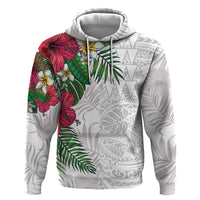 Hawaiian Tropical Plants Hoodie Kakau Tattoo and Polynesian Pattern Half White Color