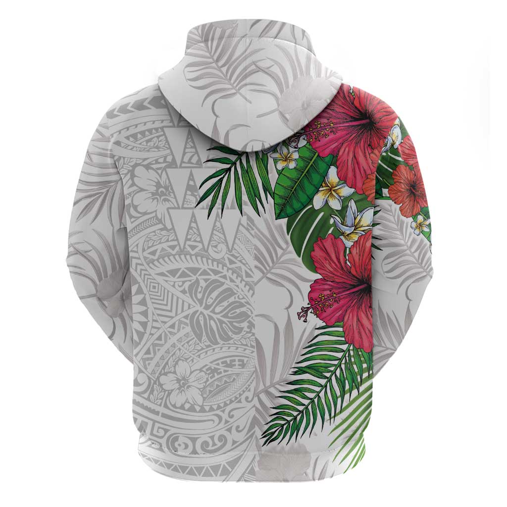 Hawaiian Tropical Plants Hoodie Kakau Tattoo and Polynesian Pattern Half White Color