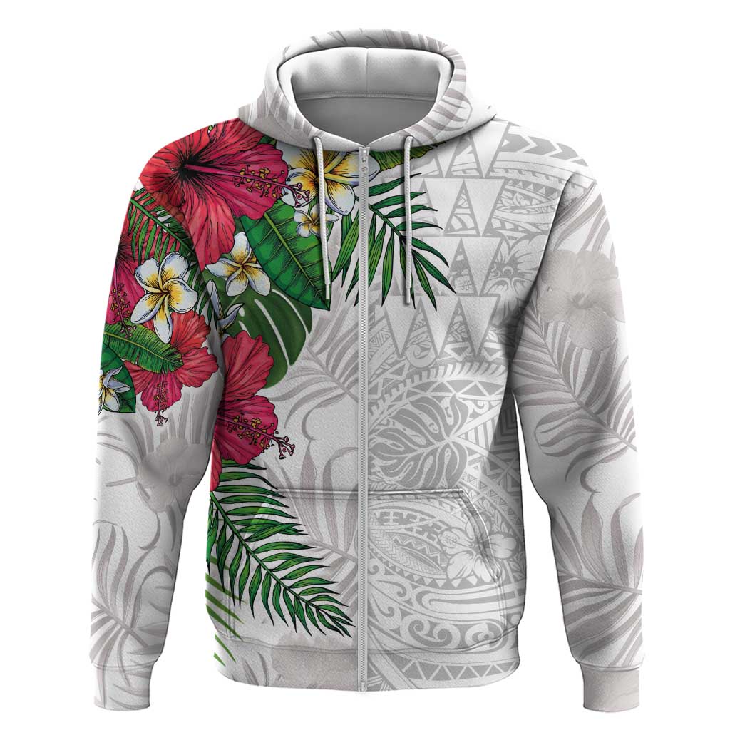 Hawaiian Tropical Plants Hoodie Kakau Tattoo and Polynesian Pattern Half White Color