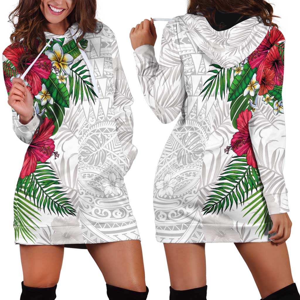 Hawaiian Tropical Plants Hoodie Dress Kakau Tattoo and Polynesian Pattern Half White Color