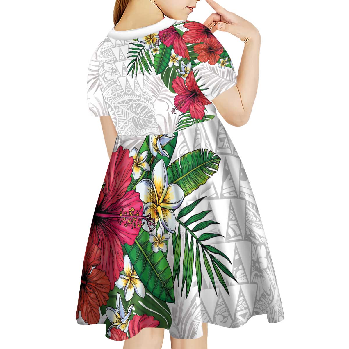 Hawaiian Tropical Plants Kid Short Sleeve Dress Kakau Tattoo and Polynesian Pattern Half White Color
