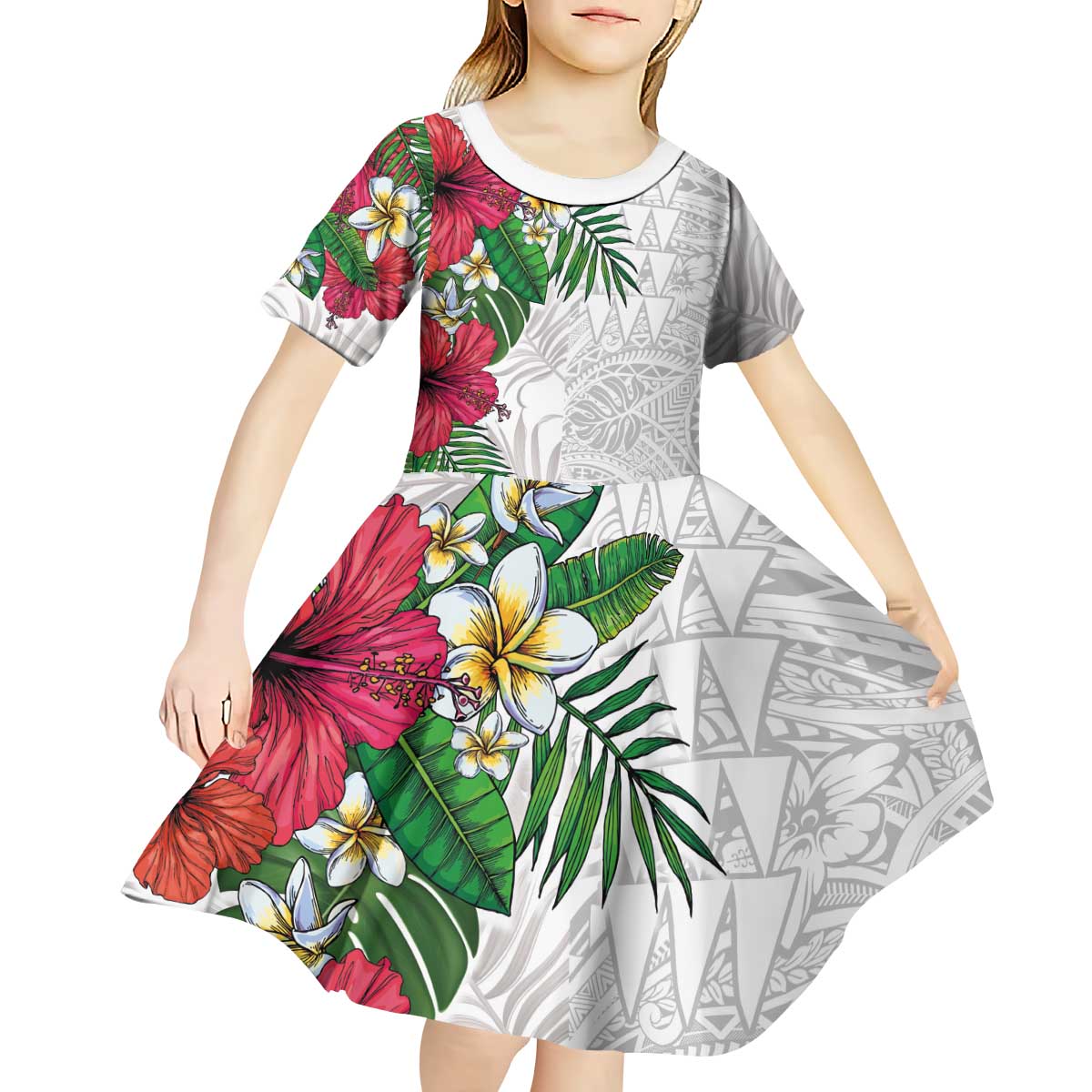 Hawaiian Tropical Plants Kid Short Sleeve Dress Kakau Tattoo and Polynesian Pattern Half White Color