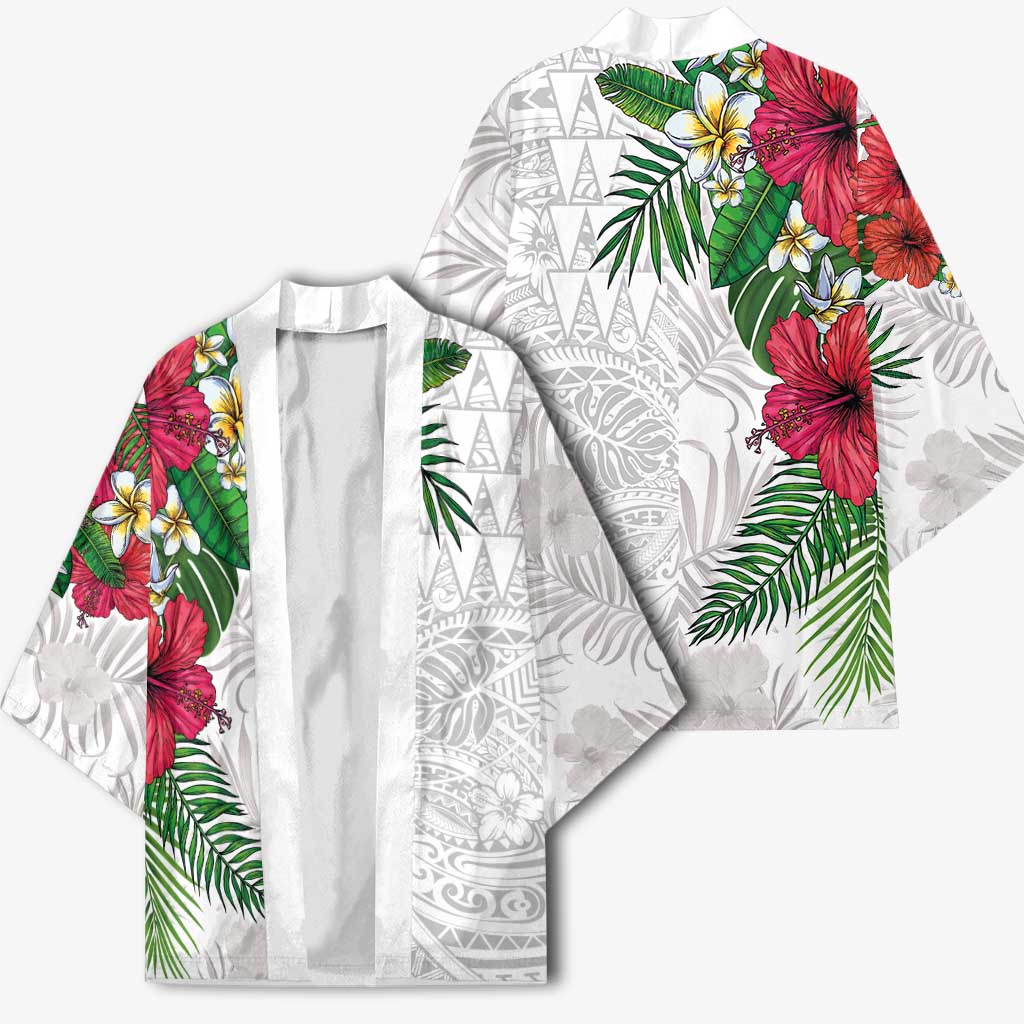 Hawaiian Tropical Plants Kimono Kakau Tattoo and Polynesian Pattern Half White Color