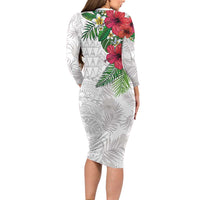Hawaiian Tropical Plants Long Sleeve Bodycon Dress Kakau Tattoo and Polynesian Pattern Half White Color