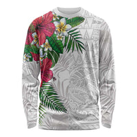 Hawaiian Tropical Plants Long Sleeve Shirt Kakau Tattoo and Polynesian Pattern Half White Color