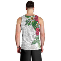Hawaiian Tropical Plants Men Tank Top Kakau Tattoo and Polynesian Pattern Half White Color