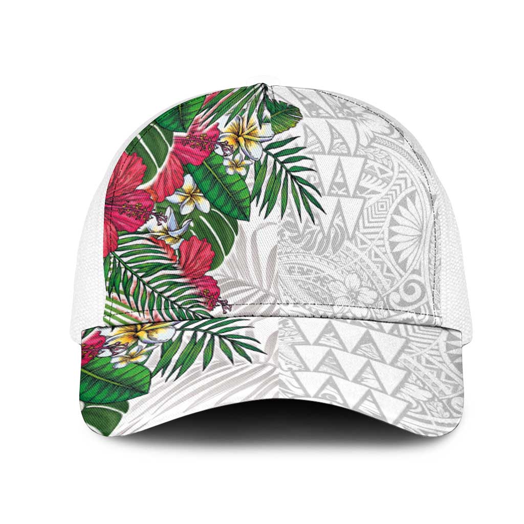 Hawaiian Tropical Plants Mesh Trucker Cap Kakau Tattoo and Polynesian Pattern Half Black White
