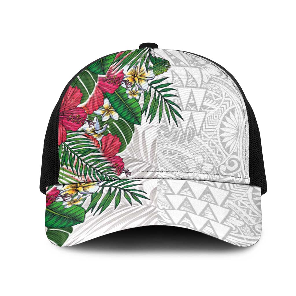 Hawaiian Tropical Plants Mesh Trucker Cap Kakau Tattoo and Polynesian Pattern Half Black White