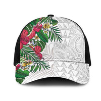 Hawaiian Tropical Plants Mesh Trucker Cap Kakau Tattoo and Polynesian Pattern Half Black White