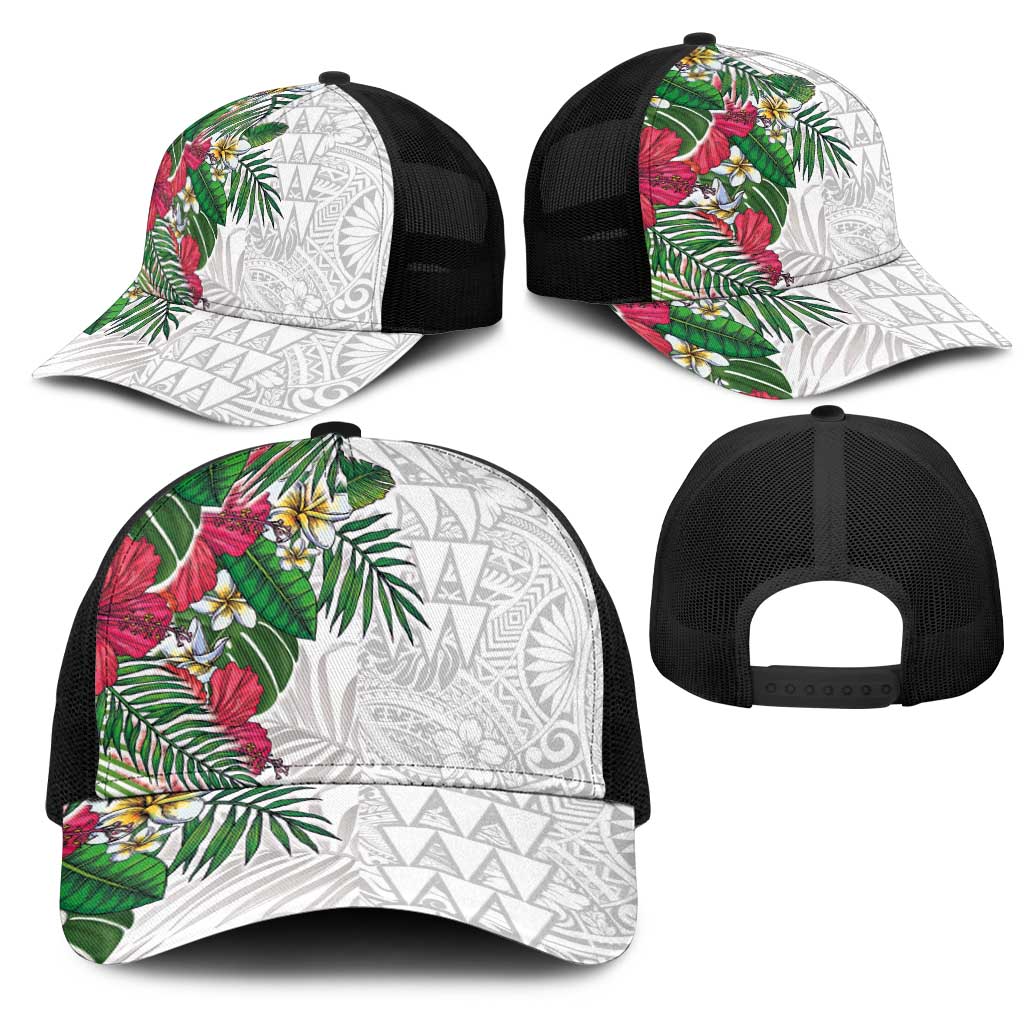 Hawaiian Tropical Plants Mesh Trucker Cap Kakau Tattoo and Polynesian Pattern Half Black White