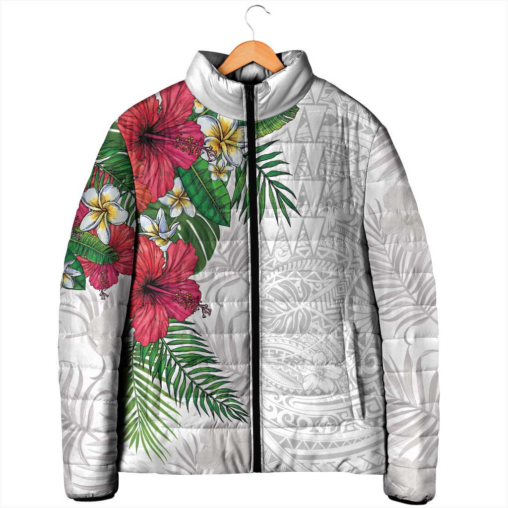 Hawaiian Tropical Plants Padded Jacket Kakau Tattoo and Polynesian Pattern Half White Color