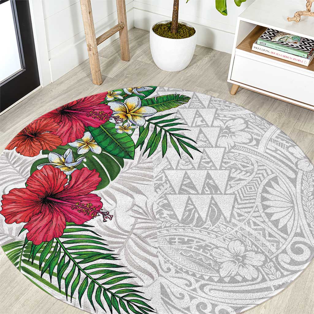 Hawaiian Tropical Plants Round Carpet Kakau Tattoo and Polynesian Pattern Half White Color