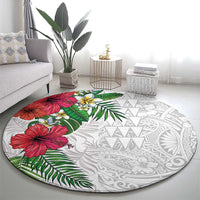 Hawaiian Tropical Plants Round Carpet Kakau Tattoo and Polynesian Pattern Half White Color